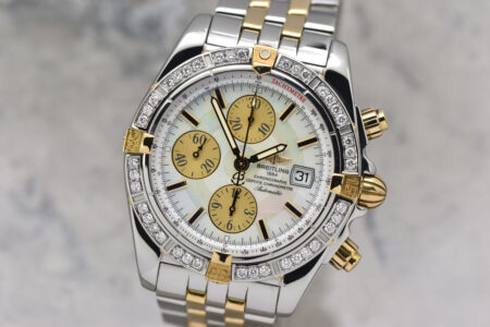 Breitling Chronomat Evolution 18K Yellow Gold & Stainless Steel MOP Mother of Pearl Dial Diamond Bezel 44MM Watch B13356 #1093CP
